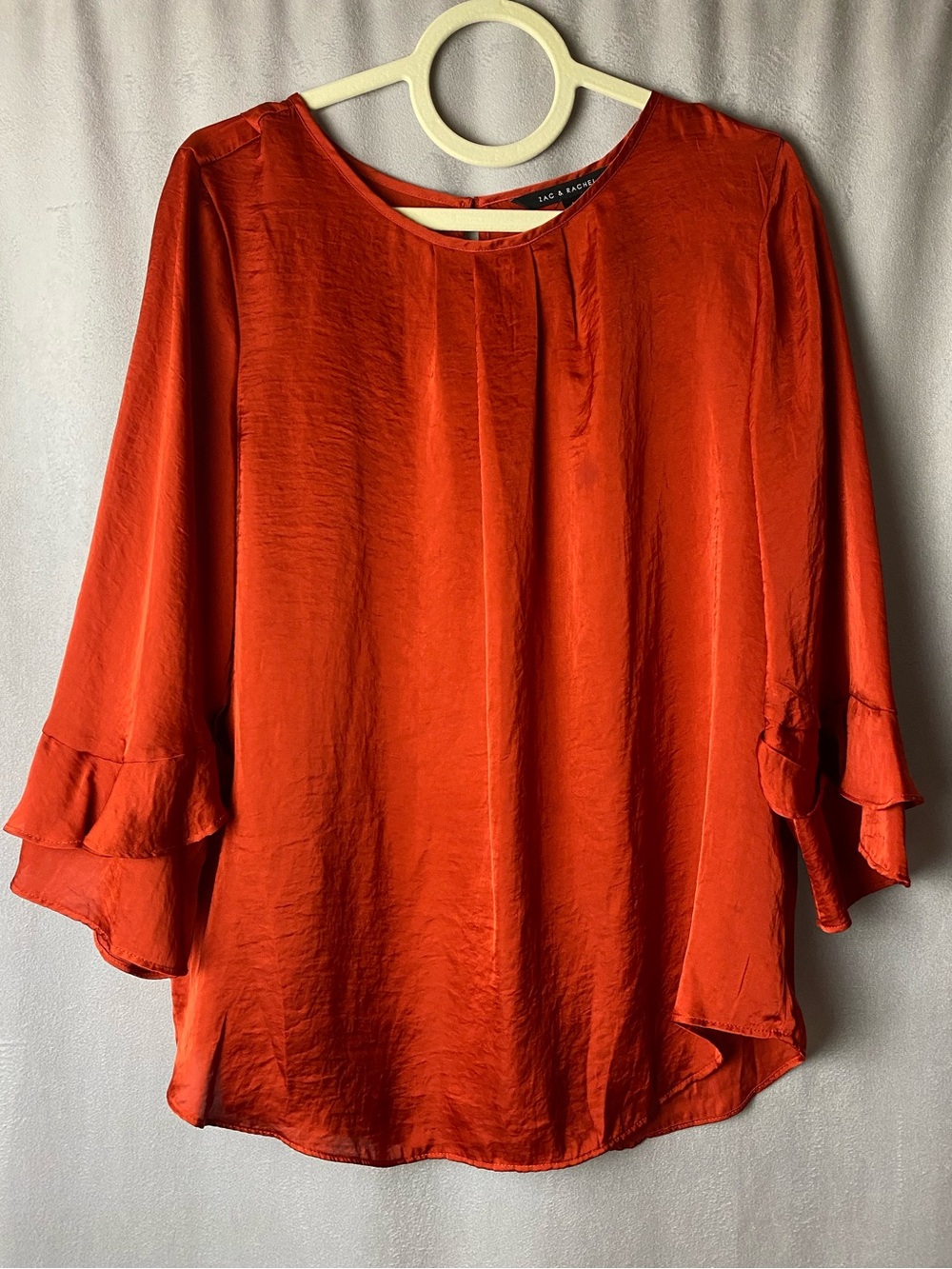 Zac & Rachel Fall Rust Satin Feminine Ruffle-Sleeve Blouse L
